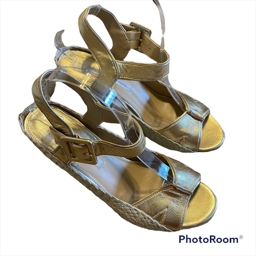 Diane von Furstenberg DVF Sudan Gold Leather Espadrille Wedge size 10M